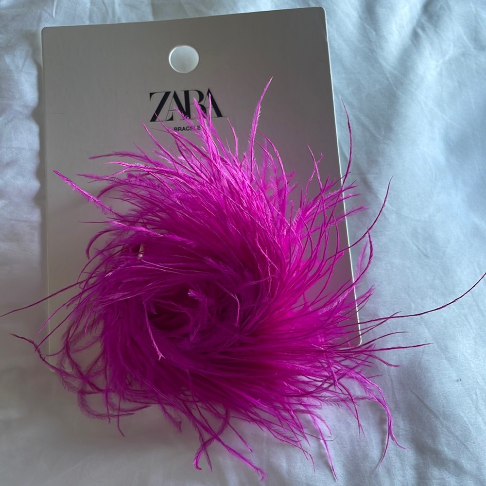 Zara Hot Pink Feathered and Beaded Cuff Bracelet Brand New
